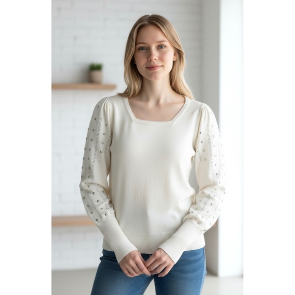 Carmen‎ Marc Valvo Cream Embellished Studded Puff Sleeve Knit Sweater Sz XS - Picture 2 of 10